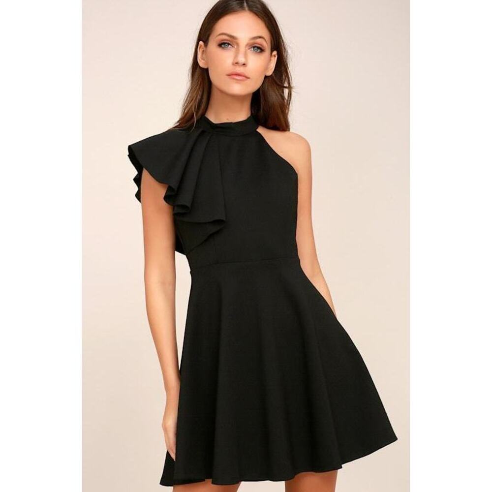 Lulus Chic Goals Black One-shoulder Skater Dress - Size Small